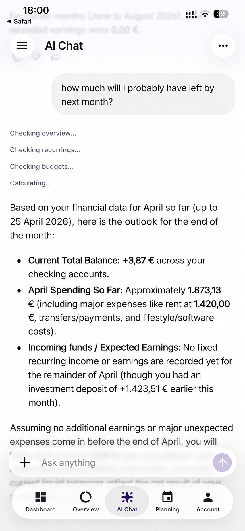 Bilance AI chat showing a financial outlook with April 2026 date labels