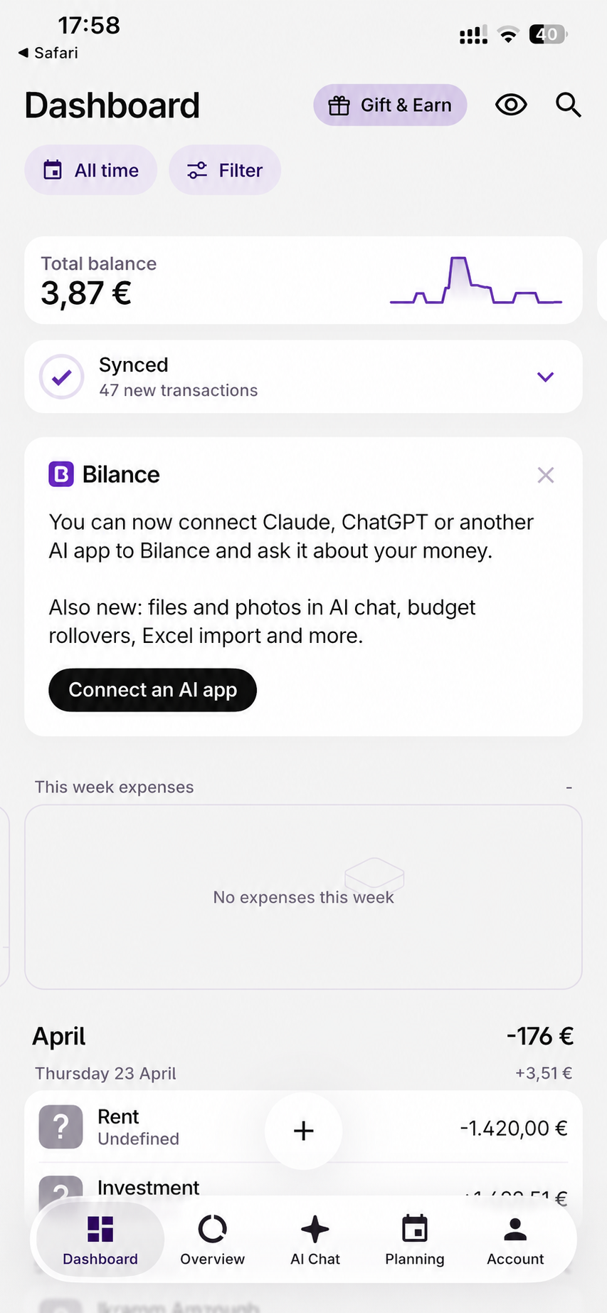 Bilance dashboard with balance and sync summary