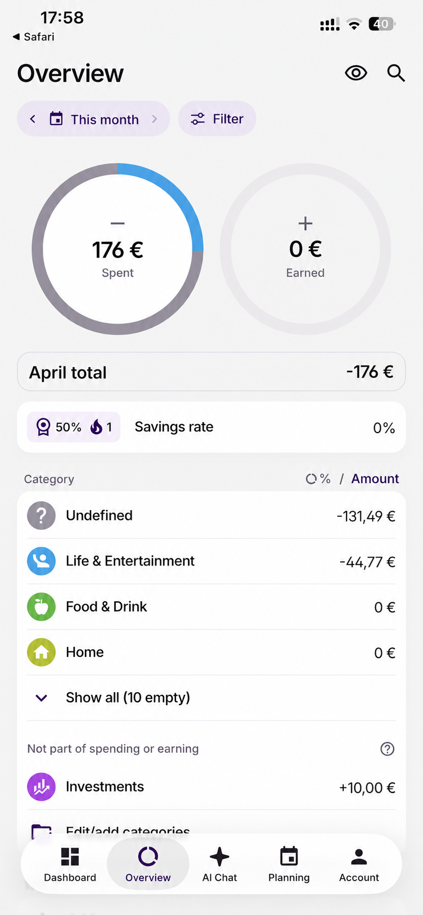 Bilance overview with income and spending breakdown