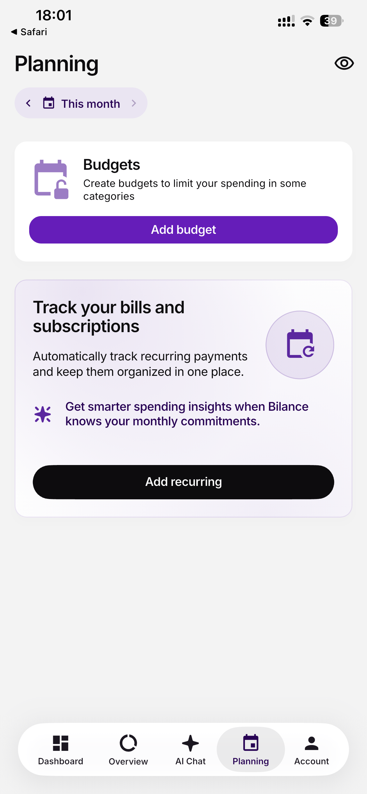 Bilance planning screen with budget creation and recurring-payment controls
