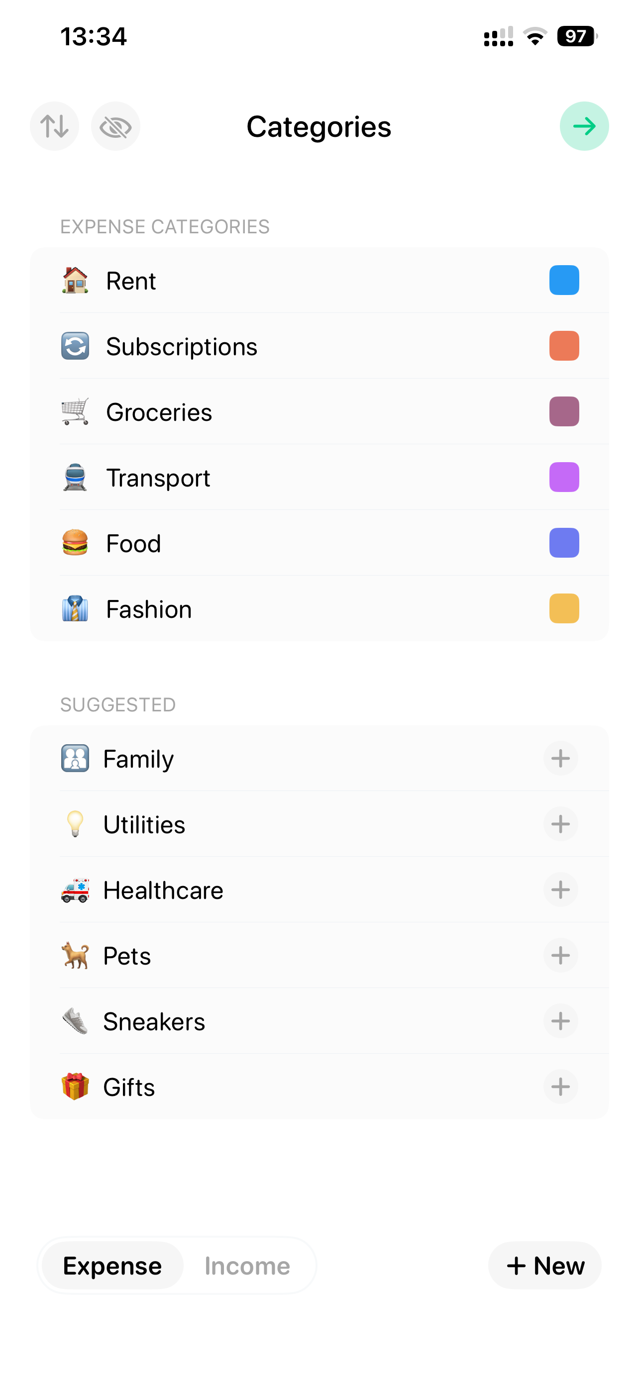 Expense categories with emoji labels, colors, and suggested categories
