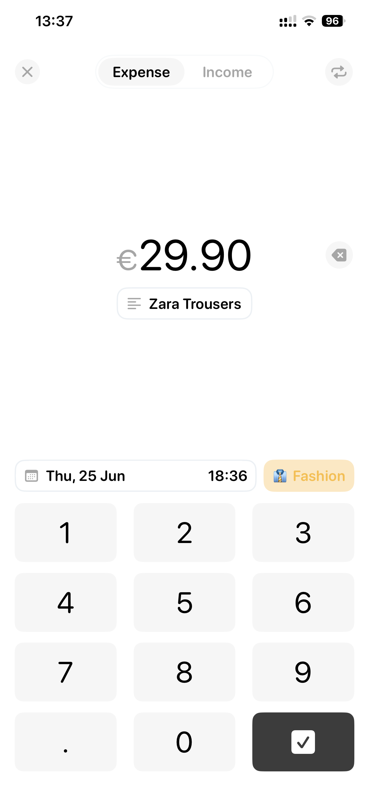 Dime expense-entry screen with amount, category, and numeric keypad
