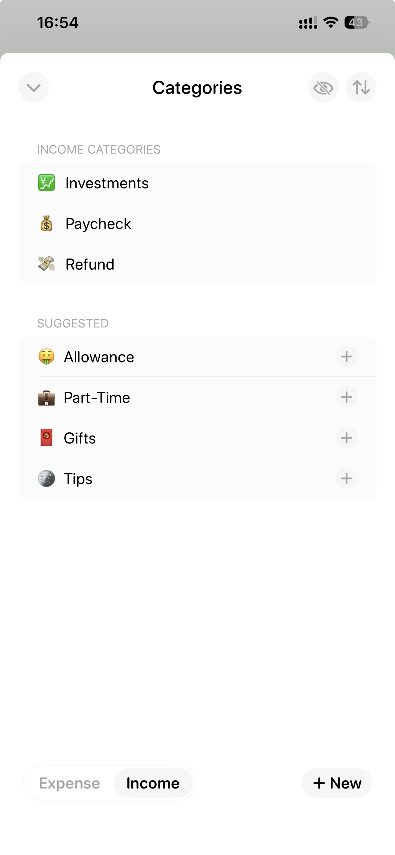 Income category management with Investments, Paycheck, Refund, and suggestions