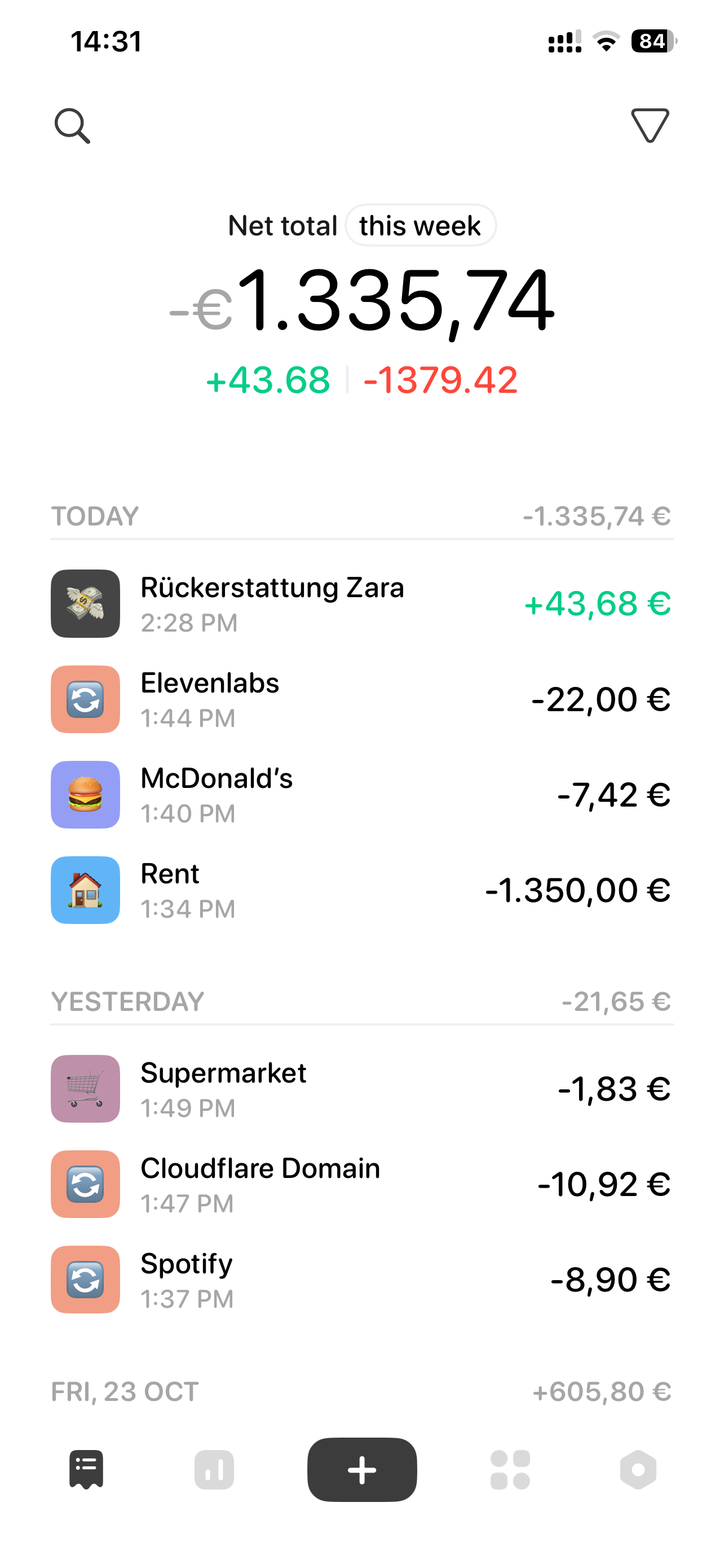 Dime transaction overview with German transaction labels