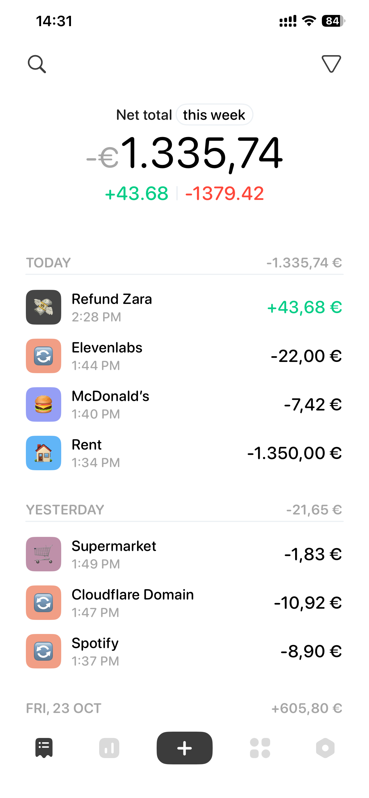 Dime transaction overview with English transaction labels