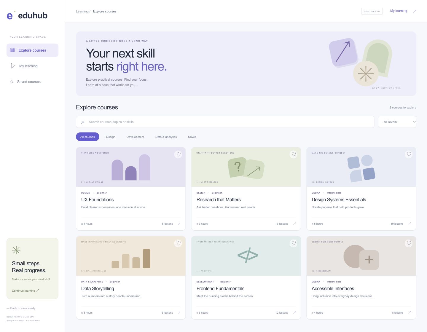 EduHub course-discovery concept with subject filters and course cards